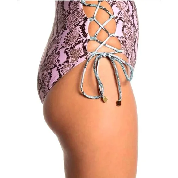 Rachel Roy S Corset Laced Side Pink Snake Python Swimsuit One-piece Swimwear